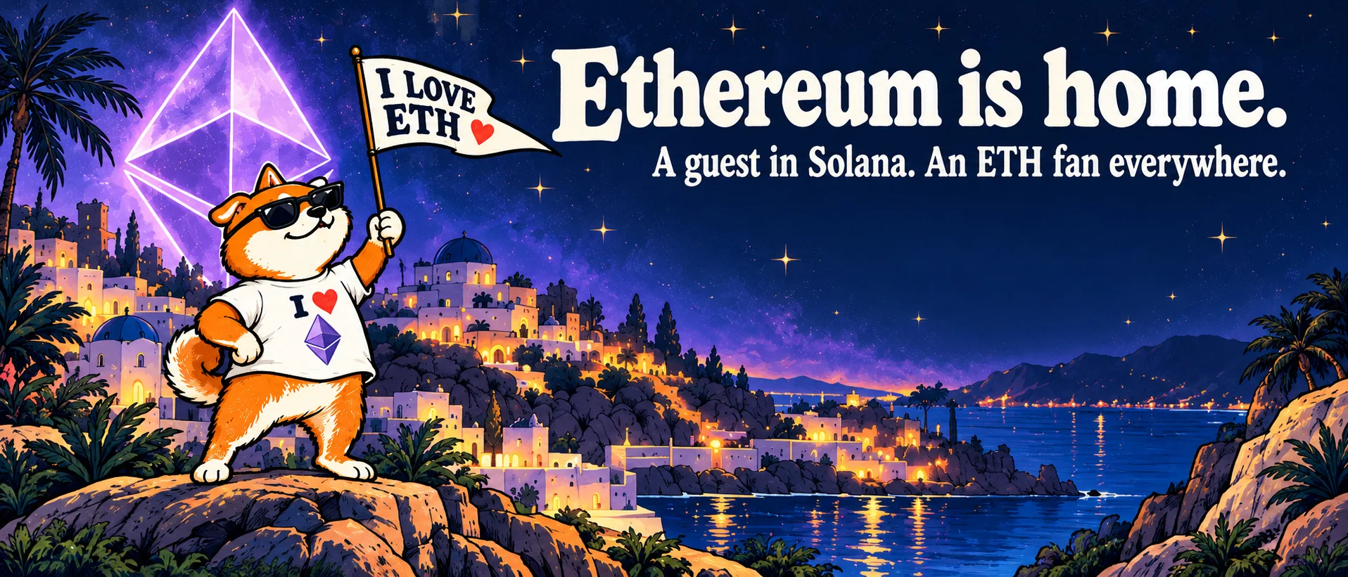 At night above a coastal town, the Shiba holds an I love ETH flag beneath a glowing Ethereum diamond. The sky reads Ethereum is home.